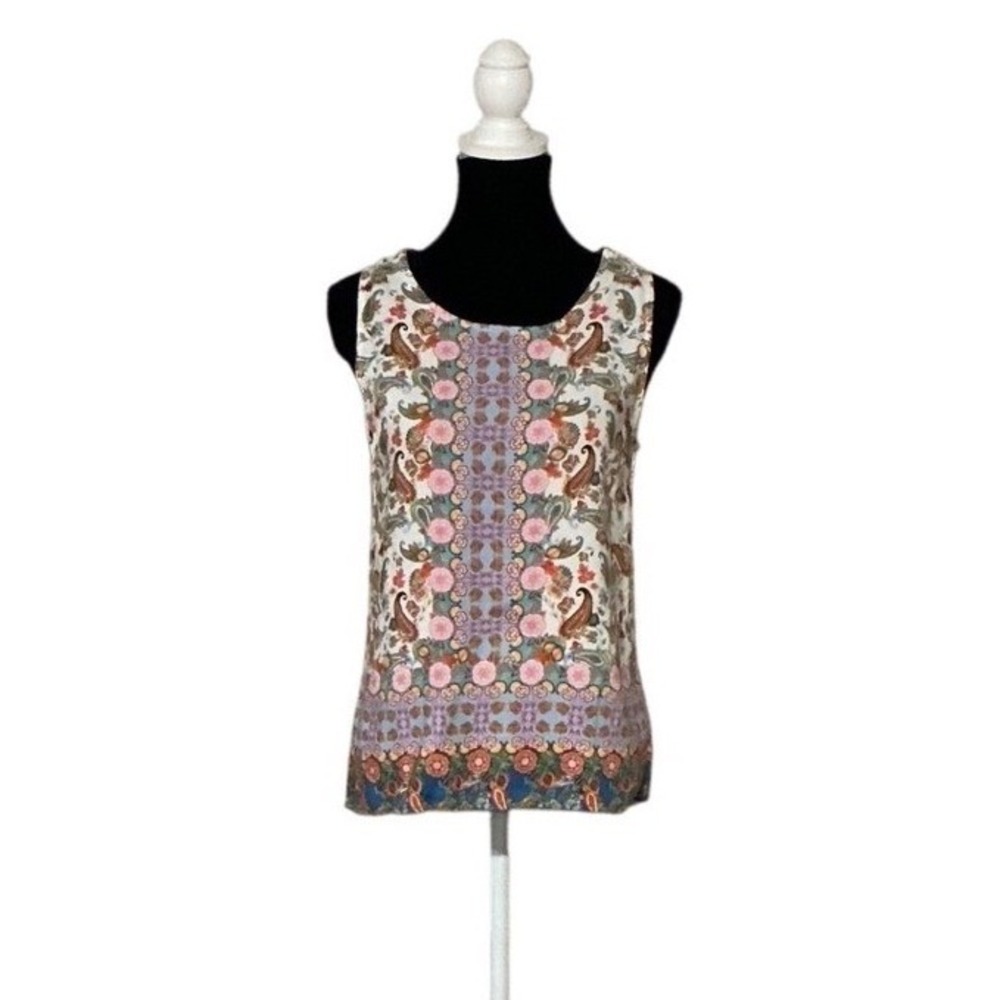 Soiree Boho Flowy Sleeveless Paisley Floral Button Back Rayon Blouse Top S Multi